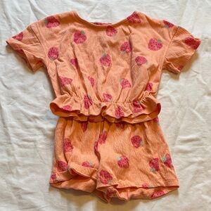 Girls' Peach Strawberry Print Short Romper - Cute Peach Cotton Set